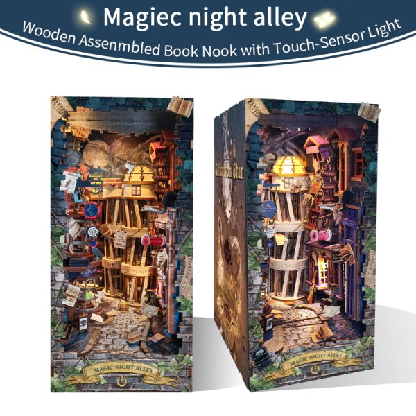 Joincon diy booknook assembly toy with solid wood handmade light effect decorated with cats suitable for adults 14 years old and above SQ-16 (Magic Nigfhtr Alley)