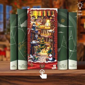 Joincon diy Christmas Book Nook Kit, DIY Dollhouse Booknook Bookshelf Insert Decor Alley, 3D Wooden Puzzle Bookends Model Build-Creativity Kit with LED for Adults Teens SQ-17 (Snowy Night Moonlight Shadow)