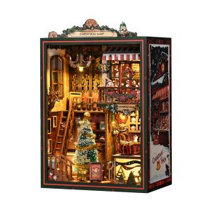 Jonicon LED-Lit Christmas Shop diy Book Nook Kit: Build Your Wooden Festive Miniature Wonderland with Dustproof Cover