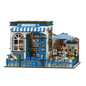 Santorini Sun Coffee Book Nook Kit - 3D Wooden Puzzle with LED Light, Wall-Mountable Frame | DIY Miniature Fireplace House for Beginners, Craft Lovers | Bookshelf/Tabletop/Wall Decor, Dollhouse Gift