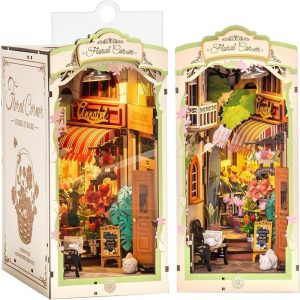 DIY Book Nook Kit for Adults – Encounter Flower Street 3D Wooden Puzzle with LED Miniature Dollhouse Creative Bookends & Bookshelf Diorama for Home Decor