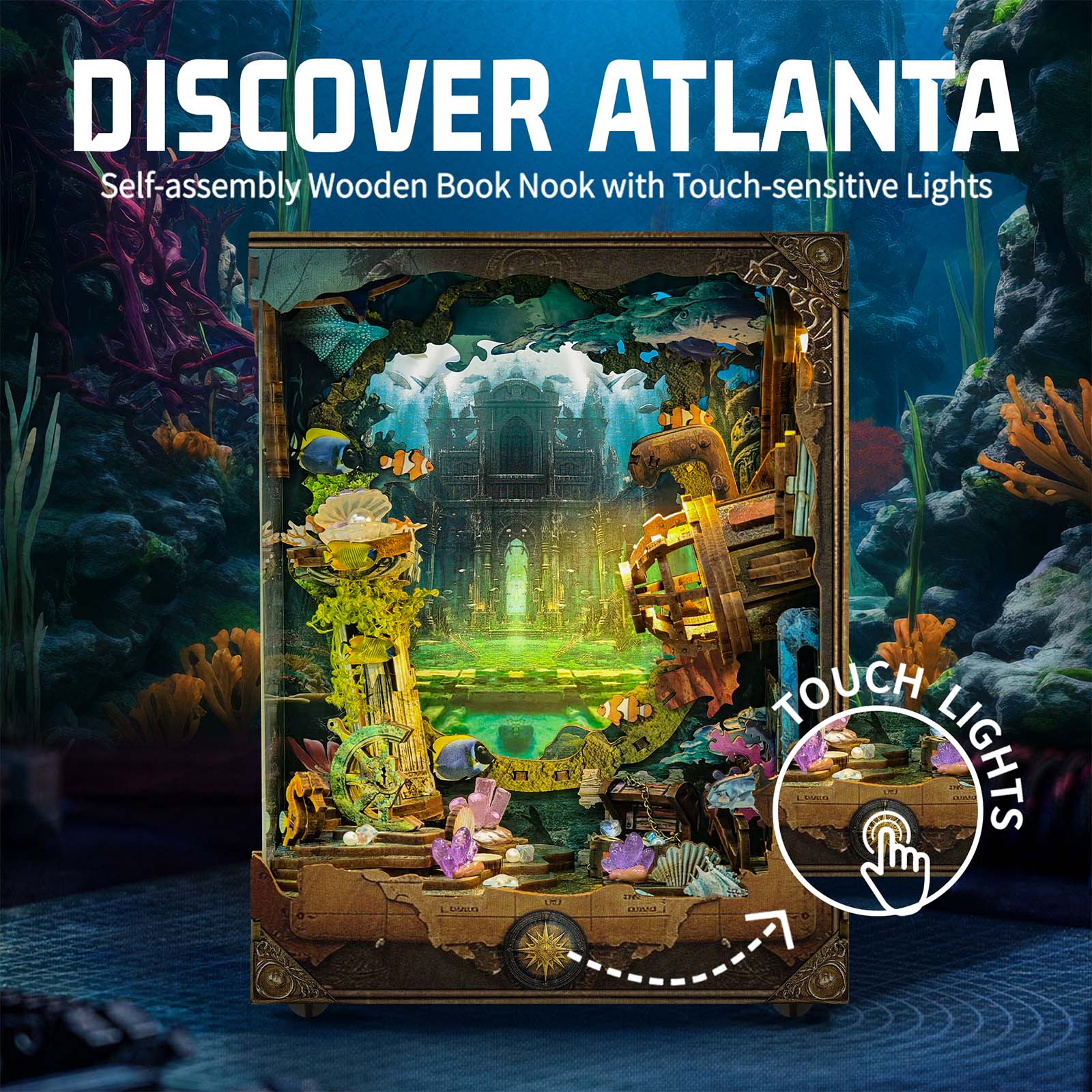 Explore Atlantis 3D Wooden Book Nook Kit - LED Light Glowing Fantasy Underwater Castle, Handmade DIY Craft for Bookshelf Decor & Christmas Gift SQ-08