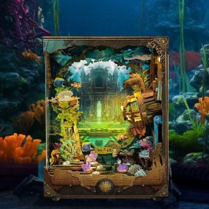 Explore Atlantis 3D Wooden Book Nook Kit - LED Light Glowing Fantasy Underwater Castle, Handmade DIY Craft for Bookshelf Decor & Christmas Gift