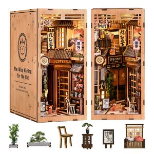 Japanese Style The Alley Waiting for the Cat 3D Puzzle Bookend Model Kit with LED Lights, Creative Handmade DIY Wooden Book Nook, Birthday & Christmas Gift