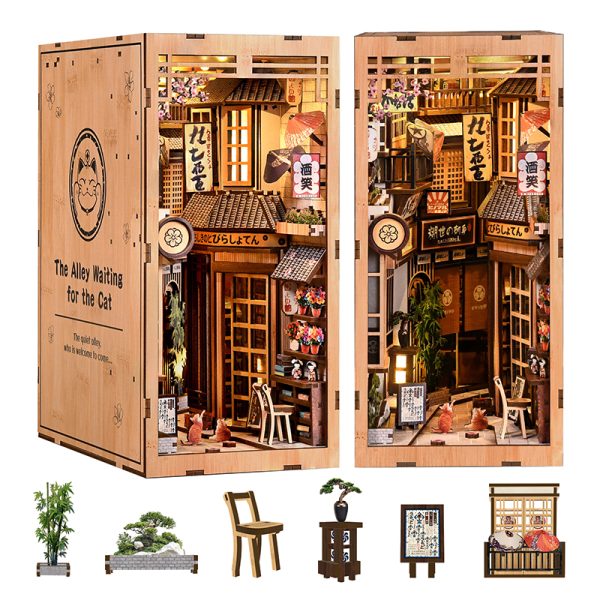 Japanese Style The Alley Waiting for the Cat 3D Puzzle Bookend Model Kit with LED Lights, Creative Handmade DIY Wooden Book Nook, Birthday & Christmas Gift