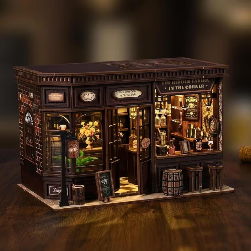 DIY Wooden Book Nook Kit Miniature House Craft, Cozy bookshelf collectible room decor with Books & Furniture, Christmas Halloween Gift