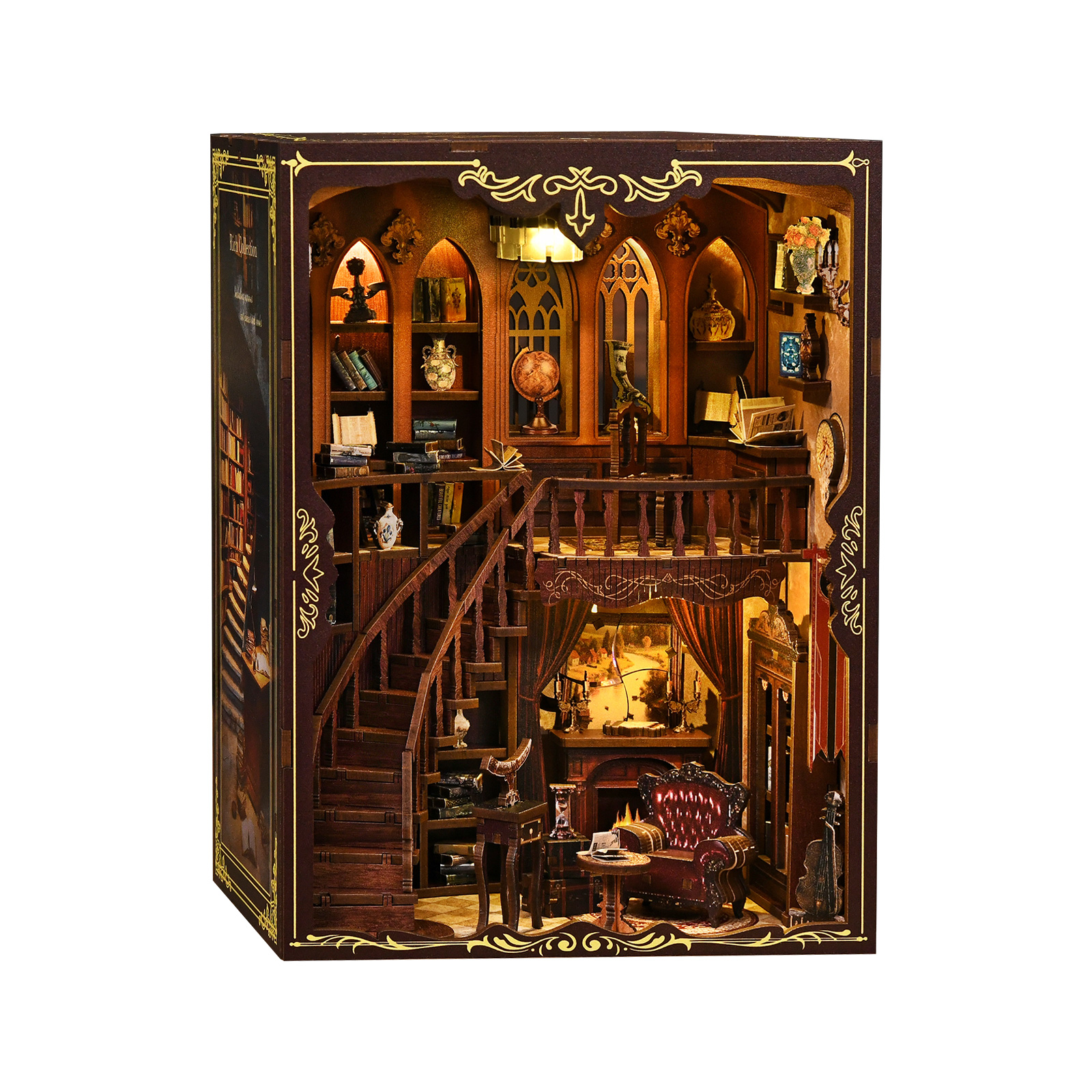 Ancient Rhyme Library Wooden Book Nook – DIY Vintage Library Miniature Scene with Touch Light & Secret Compartment, 333-Piece High-Density Wood Kit, 5-6H Immersive Crafting Experience