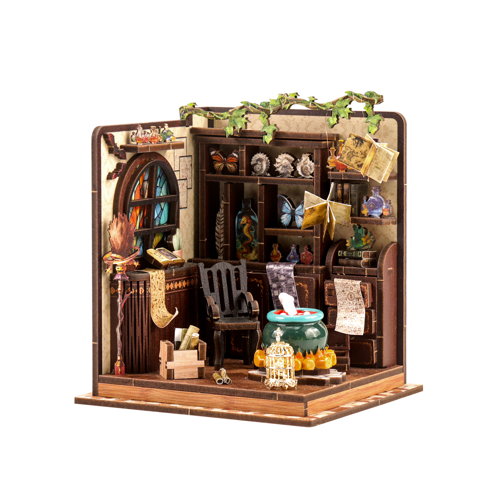 Magic Potion Workshop Wooden Book Nook – DIY Fantasy Miniature Scene with Touch Light & Transparent Acrylic Baffle, 92-Piece High-Density Wood Kit, 3-4H Immersive Crafting Experience