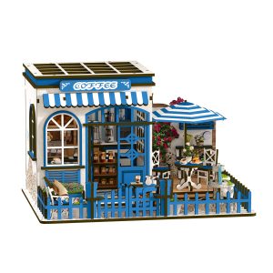 Santorini Sun Coffee Wooden Book Nook – DIY Mediterranean Miniature Scene with Touch LED Light & Outdoor Terrace, 317-Piece Eco-Friendly MDF Kit, 3-4H Immersive Crafting Experience AW02-002