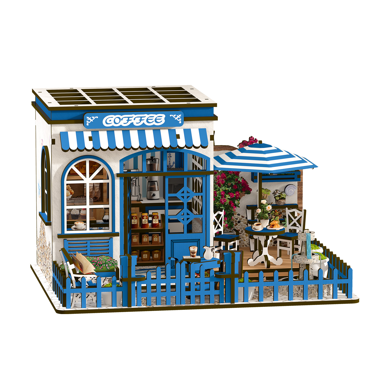 Santorini Sun Coffee Wooden Book Nook – DIY Mediterranean Miniature Scene with Touch LED Light & Outdoor Terrace, 317-Piece Eco-Friendly MDF Kit, 3-4H Immersive Crafting Experience AW02-002