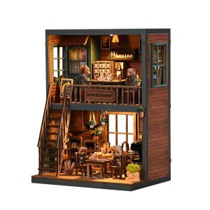 Bear Restaurant Wooden Book Nook – DIY Two-Story Miniature Restaurant Scene with Touch LED Light & Tiny Tableware, 264-Piece Eco-Friendly MDF Kit, 4-6H Immersive Crafting Experience AW02-004