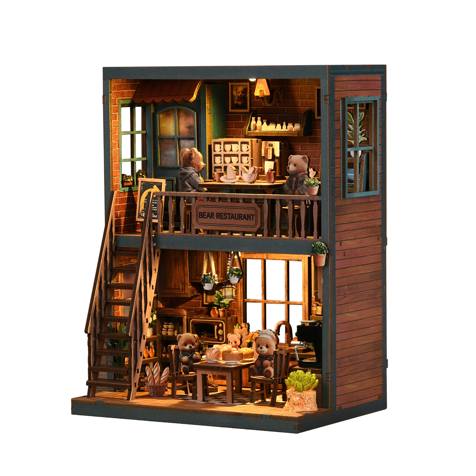Bear Restaurant Wooden Book Nook – DIY Two-Story Miniature Restaurant Scene with Touch LED Light & Tiny Tableware, 264-Piece Eco-Friendly MDF Kit, 4-6H Immersive Crafting Experience AW02-004