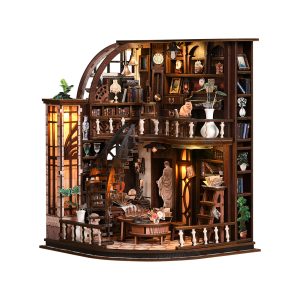 Bacchus Bookstore Wooden Book Nook – DIY Retro European Miniature Study Scene with Touch LED Light & Piano/Statue Decor, 339-Piece Eco-Friendly MDF Kit, 7-8H Immersive Crafting Experience AW02-005