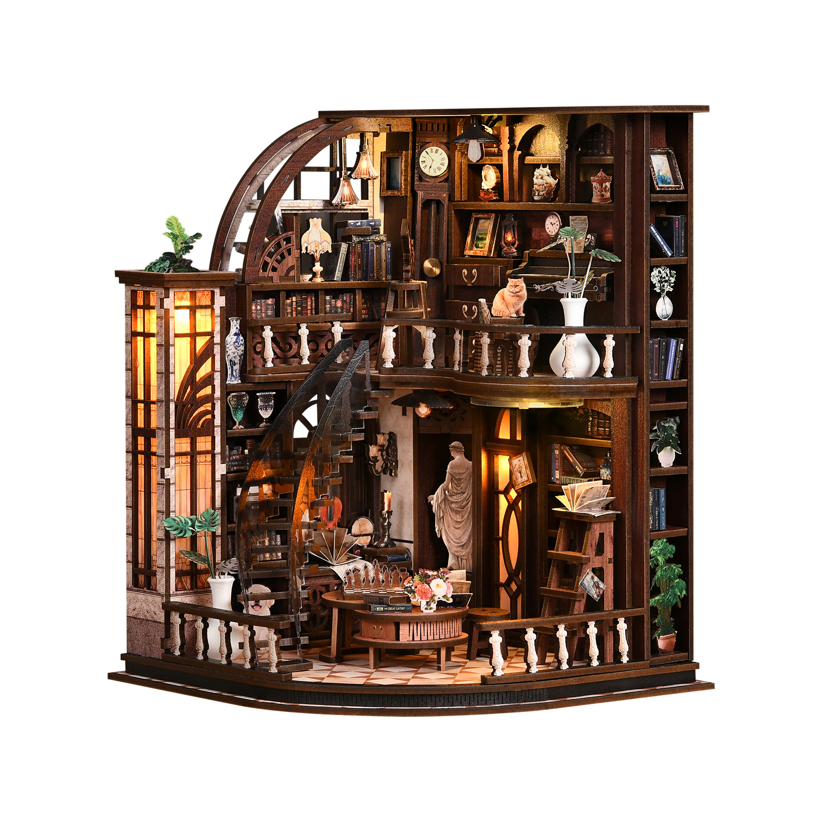 Bacchus Bookstore Wooden Book Nook – DIY Retro European Miniature Study Scene with Touch LED Light & Piano/Statue Decor, 339-Piece Eco-Friendly MDF Kit, 7-8H Immersive Crafting Experience AW02-005