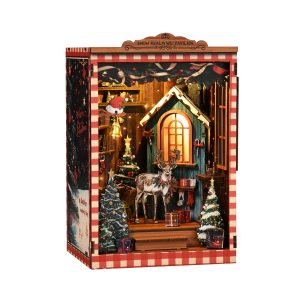 Snow Realm Wei Pavilion Wooden Book Nook – DIY Christmas-Themed Miniature House Scene with Touch LED Light & Reindeer/Tree Decor, 161-Piece Eco-Friendly MDF Kit, 2-3H Immersive Crafting Experience AM01-001