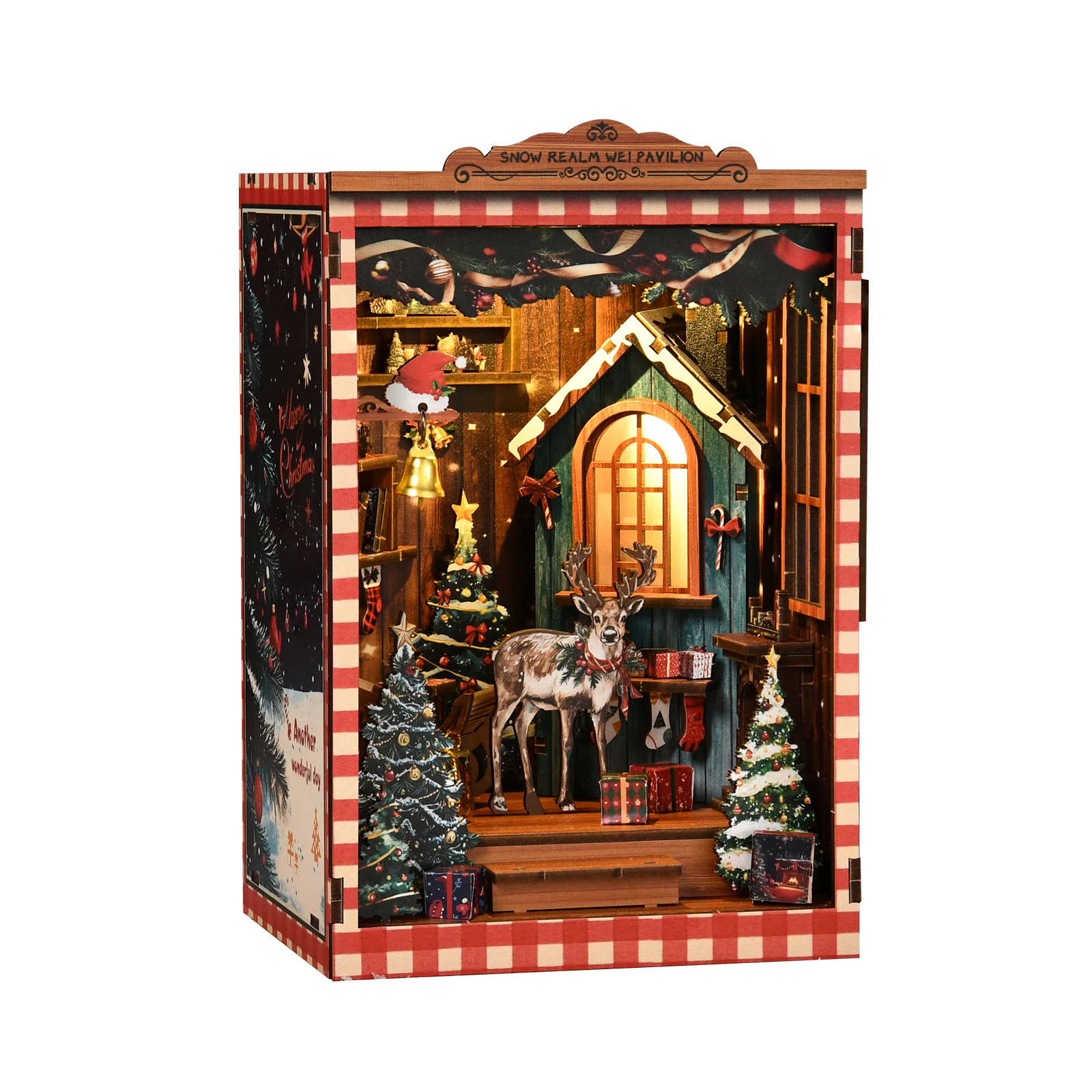 Snow Realm Wei Pavilion Wooden Book Nook – DIY Christmas-Themed Miniature House Scene with Touch LED Light & Reindeer/Tree Decor, 161-Piece Eco-Friendly MDF Kit, 2-3H Immersive Crafting Experience AM01-001