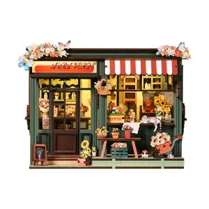 Aura Verde Flower Room Wooden Book Nook – DIY Vintage Florist Miniature Scene with Touch LED Light & Tiny Bouquet/Teddy Bear Decor, 259-Piece Eco-Friendly MDF Kit, 5-6H Immersive Crafting Experience AW03-003