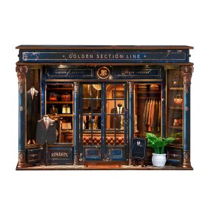 Golden Section Line Wooden Book Nook – DIY Vintage Menswear Store Miniature Scene with Touch LED Light & Suit/Leather Bag Decor, 270-Piece Eco-Friendly MDF Kit, 5-6H Immersive Crafting Experience  AW03-002
