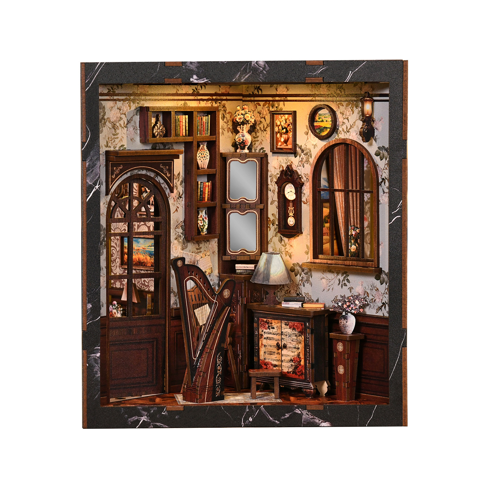 European Melody Musical Instrument Box Wooden Book Nook – DIY Vintage Music Room Miniature Scene with Touch Light & Dust Cover, 278-Piece High-Density Wood Kit, 5-6H Immersive Crafting Experience