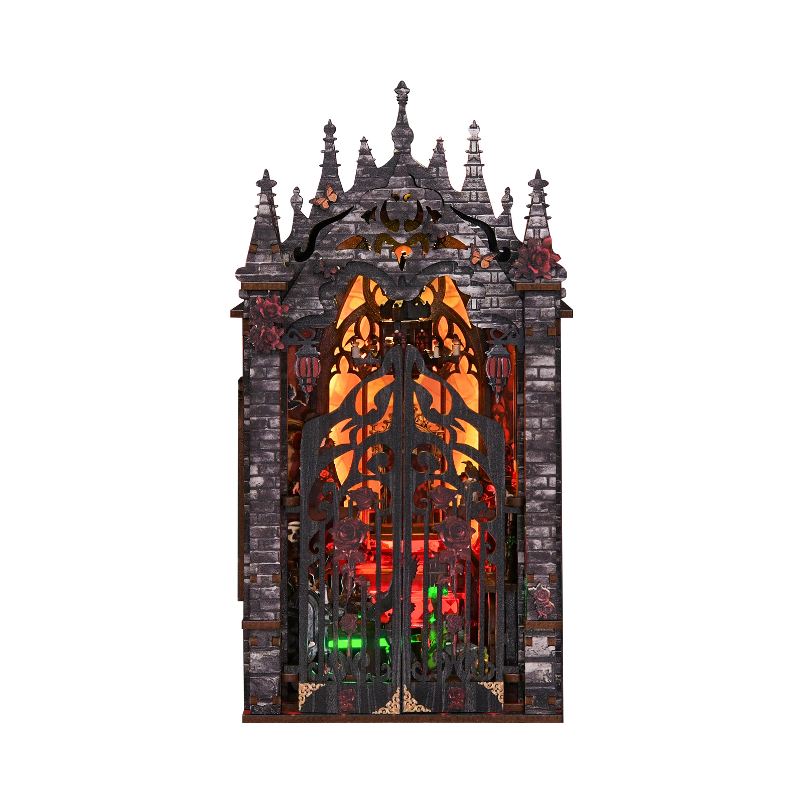 Dark Castle Wooden Book Nook – DIY Gothic Miniature Castle Scene with Touch LED Light & Vampire/Skull Decor, 210-Piece Eco-Friendly MDF Kit, 3-4H Immersive Crafting Experience AH02-004