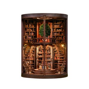 Wisdom Rings Book Repository Wooden Book Nook – DIY Vintage Library Miniature Scene with Touch Light & Dust Cover, 356-Piece High-Density Wood Kit, 6-8H Immersive Crafting Experience