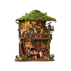 Forest Tea Book Club  Wooden Book Nook – DIY Treehouse Miniature Scene with Touch Light & Animal Figures, 410-Piece High-Density Wood Kit, 6-8H Immersive Crafting Experience