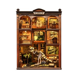 Fossil Museum Wooden Book Nook – DIY Prehistoric Creature Miniature Scene with Touch Light & Dust Cover, 316-Piece High-Density Wood Kit, 6-8H Immersive Crafting Experience