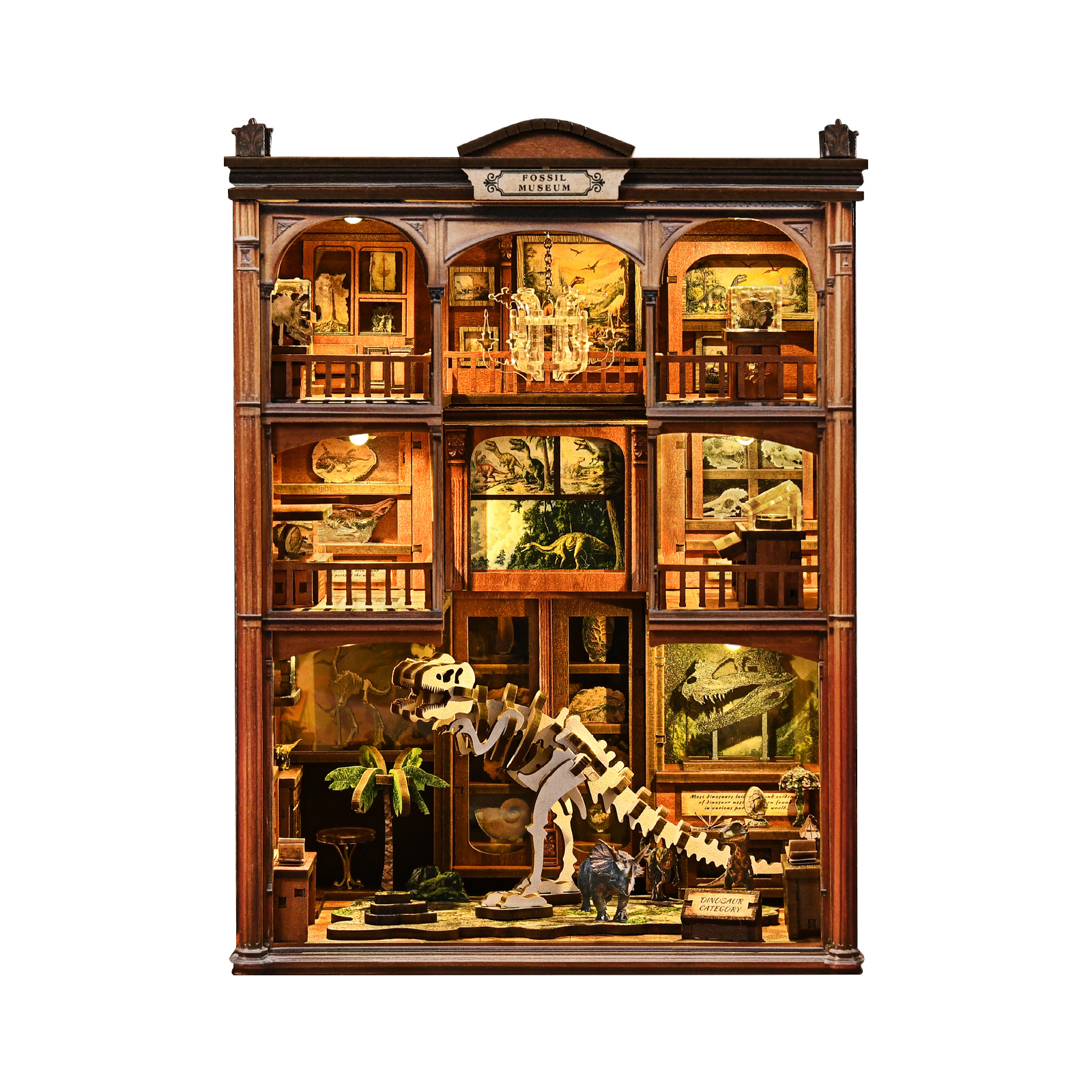 Fossil Museum Wooden Book Nook – DIY Prehistoric Creature Miniature Scene with Touch Light & Dust Cover, 316-Piece High-Density Wood Kit, 6-8H Immersive Crafting Experience