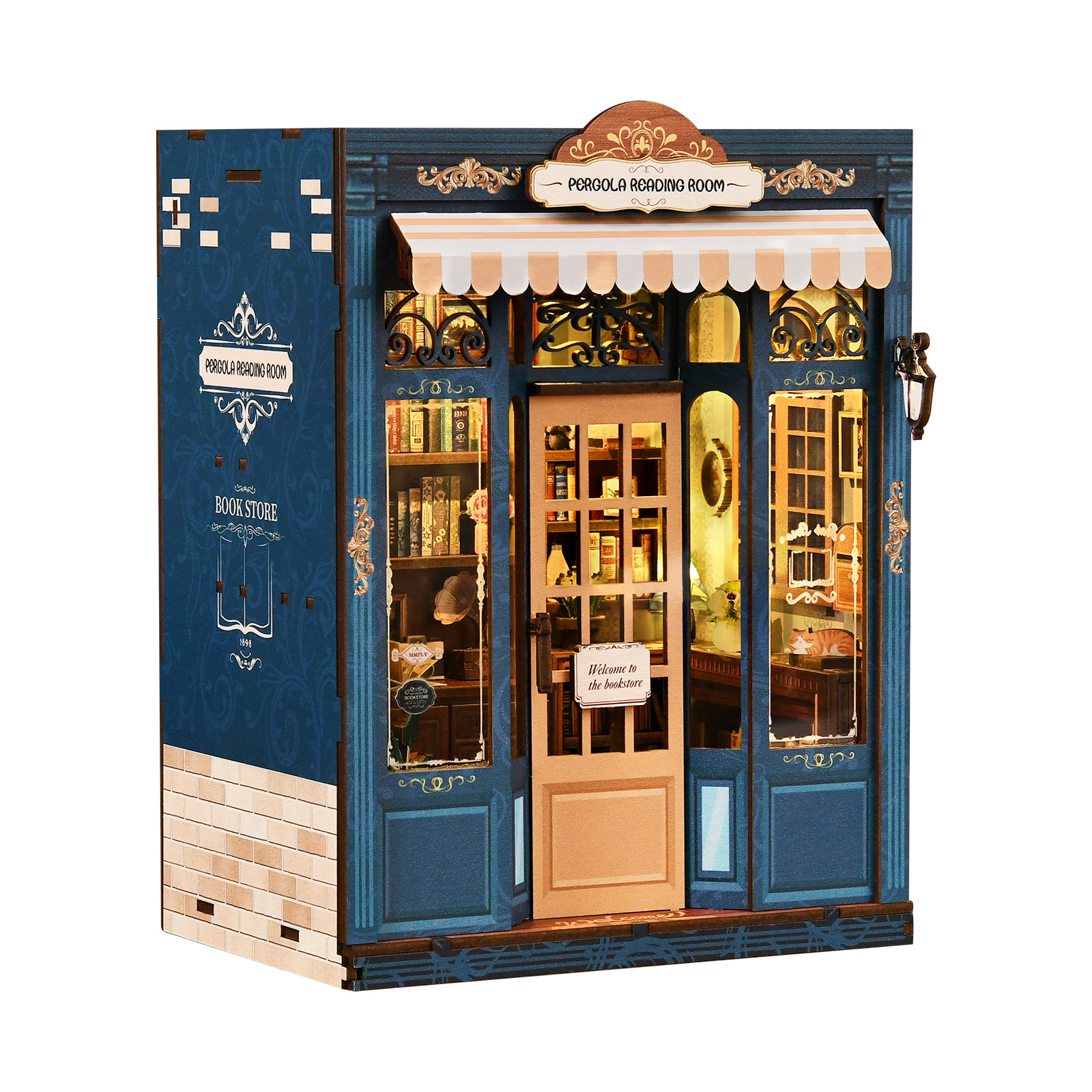 Pergola Reading Room Wooden Book Nook – DIY Vintage Bookstore Miniature Scene with Touch Light & Openable Door, 255-Piece High-Density Wood Kit, 4-5H Immersive Crafting Experience