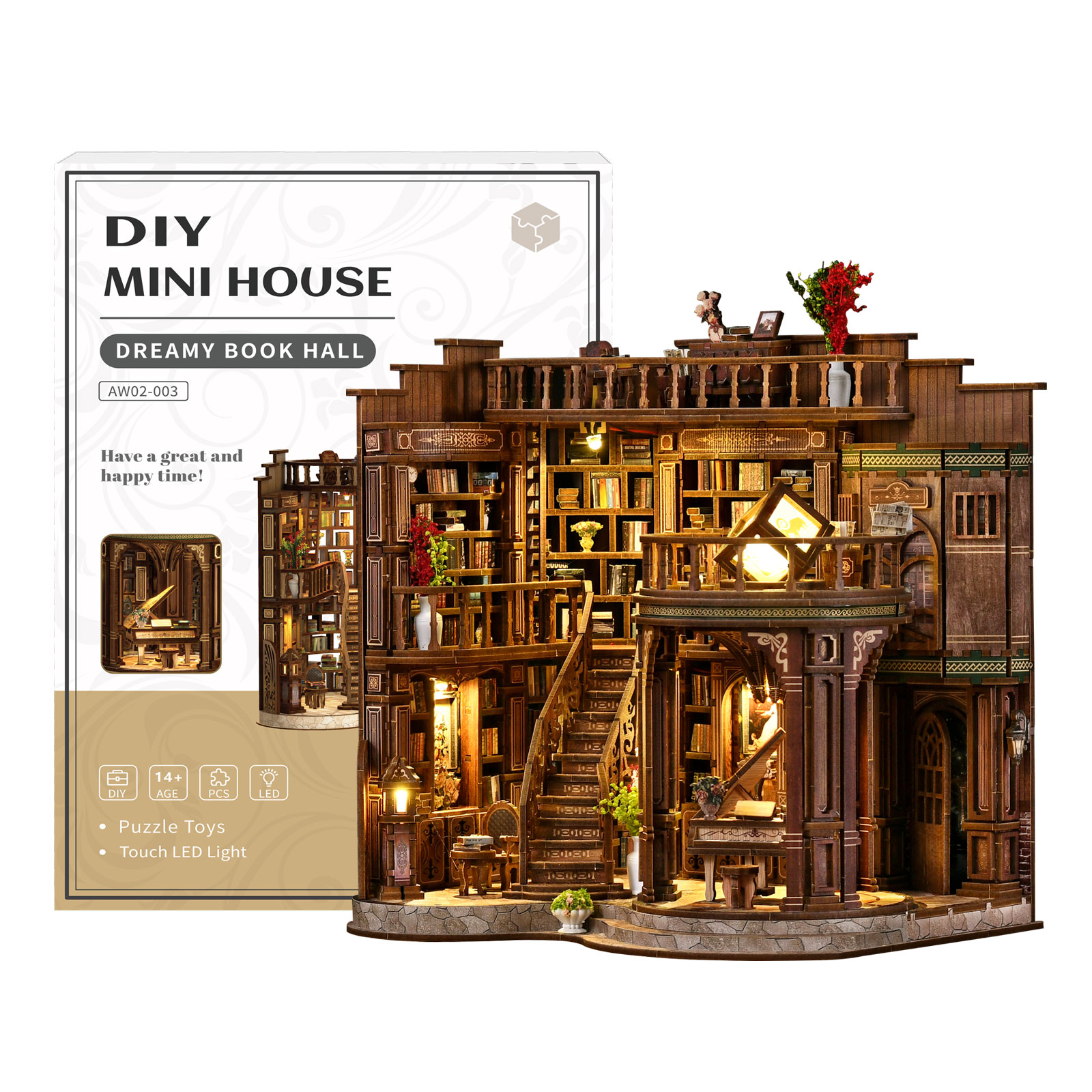 Dreamy Book Hall Wooden Book Nook – DIY Retro European Miniature Library Scene with Touch LED Light, Piano & Bookshelf Decor, 888-Piece Eco-Friendly MDF Kit, 8-10H Immersive Crafting Experience AW02-003