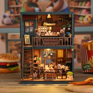 Bear Restaurant Wooden Book Nook – DIY Two-Story Miniature Restaurant Scene with Touch LED Light & Tiny Tableware, 264-Piece Eco-Friendly MDF Kit, 4-6H Immersive Crafting Experience AW02-004