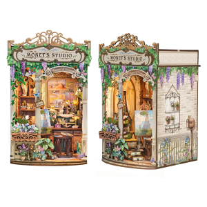 Monet’s Impression Wooden Book Nook – DIY Art Studio Miniature Model with Touch-Sensitive Lights & Wisteria Decor, Creative Desktop Decor & Holiday Gift