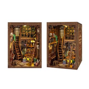 Myriad Books House Wooden Book Nook – DIY Vintage Two-Story Miniature Library with Touch-Sensitive Lights & Exquisite Details, Creative Desktop Decor & Holiday Gift