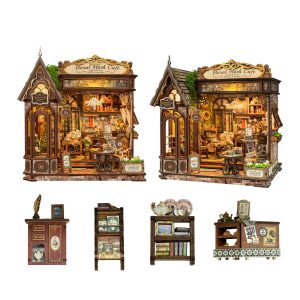 Floral Mark Café Wooden Book Nook – DIY Vintage Coffee Shop Miniature Scene with Touch-Sensitive Lights & Exquisite Details, Creative Desktop Decor & Holiday Gift