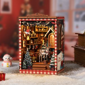 Snow Realm Wei Pavilion Wooden Book Nook – DIY Christmas-Themed Miniature House Scene with Touch LED Light & Reindeer/Tree Decor, 161-Piece Eco-Friendly MDF Kit, 2-3H Immersive Crafting Experience AM01-001