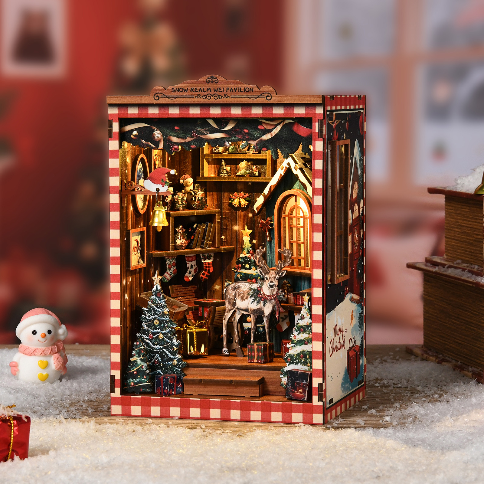 Snow Realm Wei Pavilion Wooden Book Nook – DIY Christmas-Themed Miniature House Scene with Touch LED Light & Reindeer/Tree Decor, 161-Piece Eco-Friendly MDF Kit, 2-3H Immersive Crafting Experience AM01-001