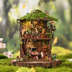 Forest Tea Book Club Wooden Book Nook – DIY Treehouse Miniature Scene with Touch Light & Animal Figures, 410-Piece High-Density Wood Kit, 6-8H Immersive Crafting Experience