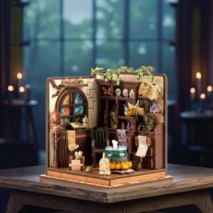 Magic Potion Workshop Wooden Book Nook – DIY Fantasy Miniature Scene with Touch Light & Transparent Acrylic Baffle, 92-Piece High-Density Wood Kit, 3-4H Immersive Crafting Experience