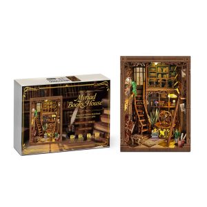 Myriad Books House Wooden Book Nook – DIY Vintage Two-Story Miniature Library with Touch-Sensitive Lights & Exquisite Details, Creative Desktop Decor & Holiday Gift