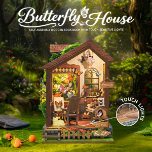 Butterfly House Wooden Book Nook – DIY Miniature Model with Touch-Sensitive Lights, Creative Desktop Decor & Relaxing Craft Gift