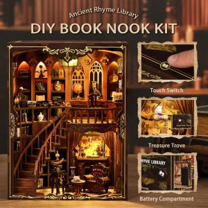 Ancient Rhyme Library Wooden Book Nook – DIY Vintage Library Miniature Scene with Touch Light & Secret Compartment, 333-Piece High-Density Wood Kit, 5-6H Immersive Crafting Experience