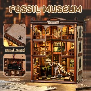 Fossil Museum Wooden Book Nook – DIY Prehistoric Creature Miniature Scene with Touch Light & Dust Cover, 316-Piece High-Density Wood Kit, 6-8H Immersive Crafting Experience