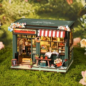 Aura Verde Flower Room Wooden Book Nook – DIY Vintage Florist Miniature Scene with Touch LED Light & Tiny Bouquet/Teddy Bear Decor, 259-Piece Eco-Friendly MDF Kit, 5-6H Immersive Crafting Experience AW03-003