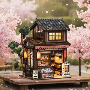 Kasuga Grocery Store Wooden Book Nook – DIY Japanese Retro Miniature Shop Scene with Touch LED Light & Tiny Shelves, 209-Piece Eco-Friendly MDF Kit, 3-4H Immersive Crafting Experience  AM01-006