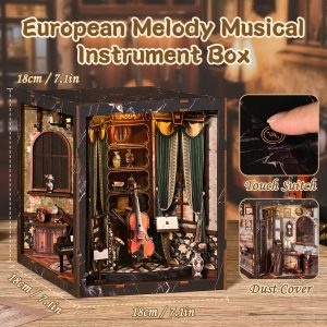 European Melody Musical Instrument Box Wooden Book Nook – DIY Vintage Music Room Miniature Scene with Touch Light & Dust Cover, 278-Piece High-Density Wood Kit, 5-6H Immersive Crafting Experience