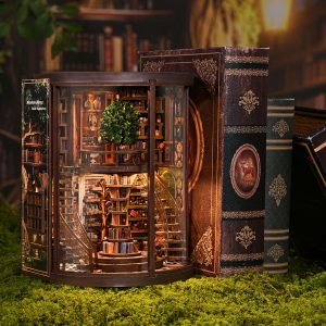 Wisdom Rings Book Repository Wooden Book Nook – DIY Vintage Library Miniature Scene with Touch Light & Dust Cover, 356-Piece High-Density Wood Kit, 6-8H Immersive Crafting Experience