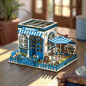 Santorini Sun Coffee Wooden Book Nook – DIY Mediterranean Miniature Scene with Touch LED Light & Outdoor Terrace, 317-Piece Eco-Friendly MDF Kit, 3-4H Immersive Crafting Experience AW02-002
