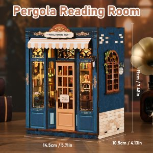 Pergola Reading Room Wooden Book Nook – DIY Vintage Bookstore Miniature Scene with Touch Light & Openable Door, 255-Piece High-Density Wood Kit, 4-5H Immersive Crafting Experience