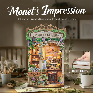 Monet’s Impression Wooden Book Nook – DIY Art Studio Miniature Model with Touch-Sensitive Lights & Wisteria Decor, Creative Desktop Decor & Holiday Gift