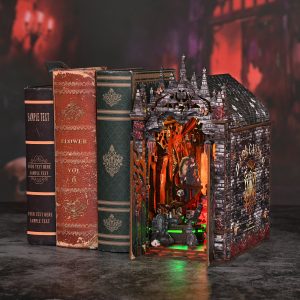 Dark Castle Wooden Book Nook – DIY Gothic Miniature Castle Scene with Touch LED Light & Vampire/Skull Decor, 210-Piece Eco-Friendly MDF Kit, 3-4H Immersive Crafting Experience AH02-004
